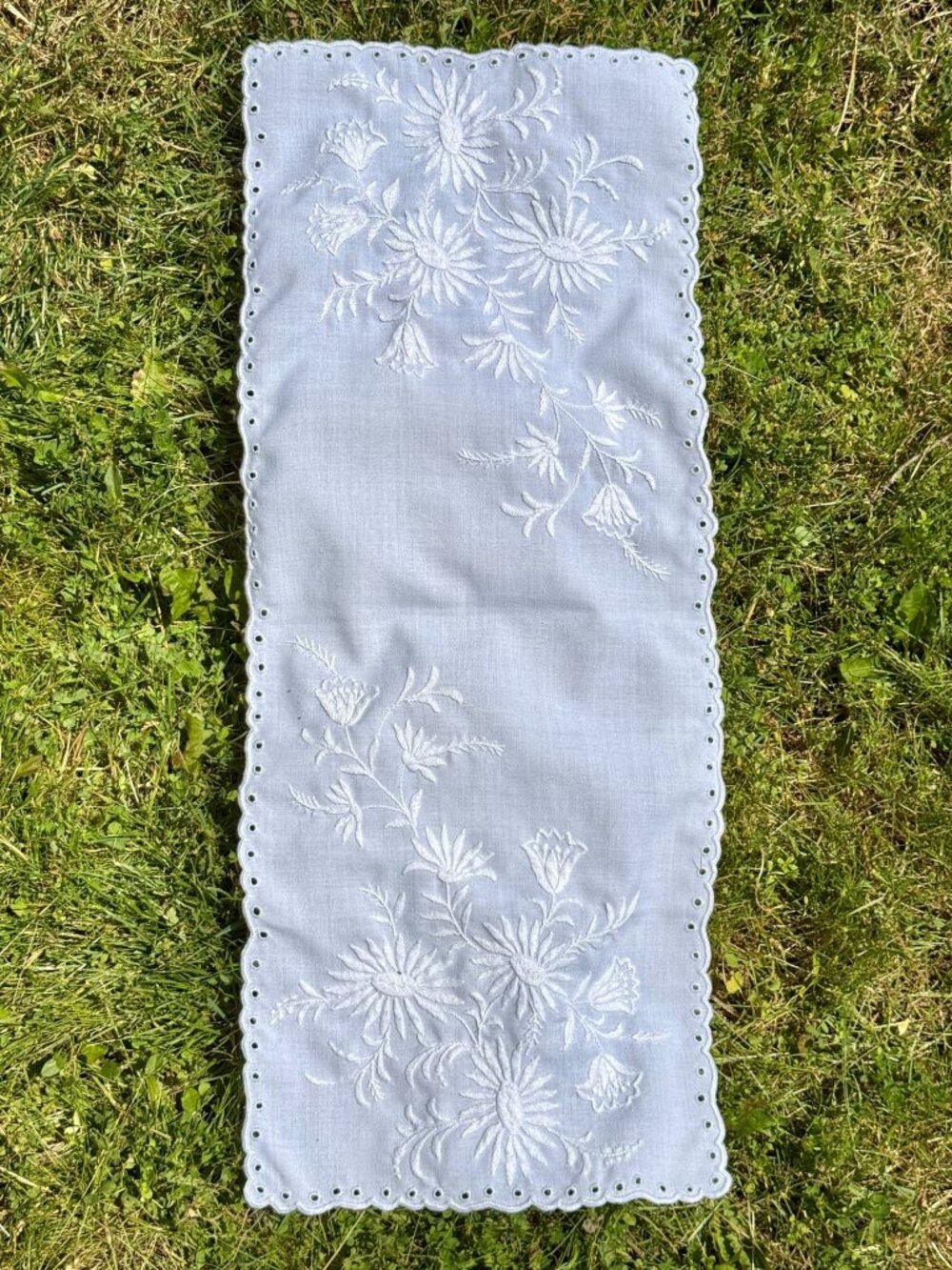 Vintage 1960s White  Embroidered Table Runner With Floral Embroidery And Eyelet